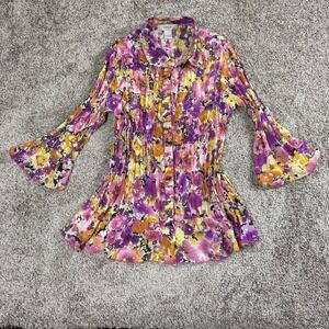 Womens Top Medium Floral Ruffle Pleated Button Down Fairy Whimsical Bloomcore